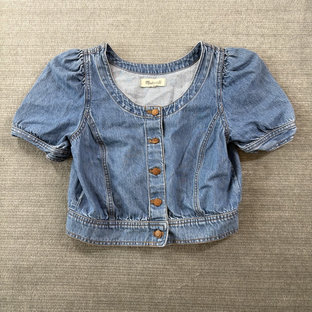 Madewell Denim Puff Crop Top Womens Small Blue Scoop Neck Button Front Cowgirl